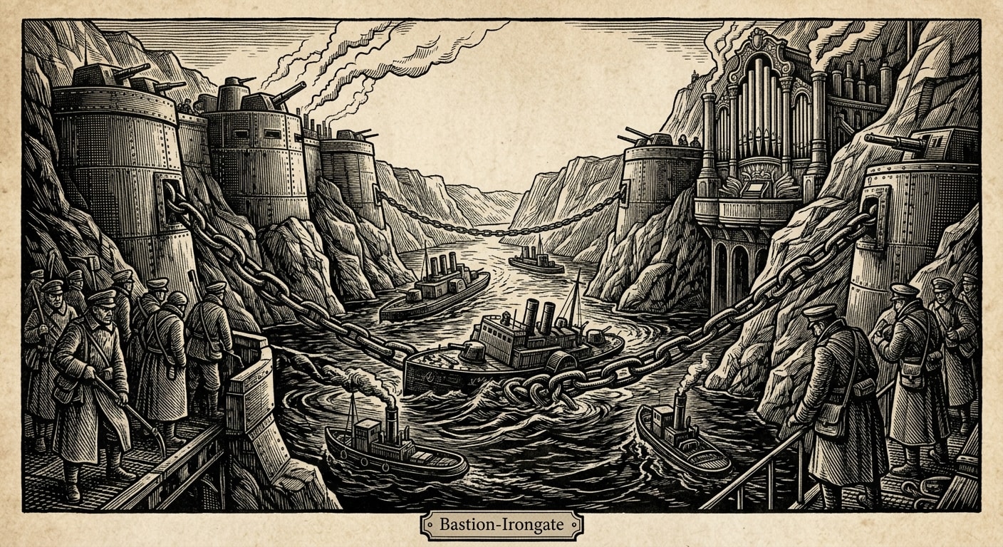 Iron Gates Gorge — On the River and the Chains, rendered as woodcut.