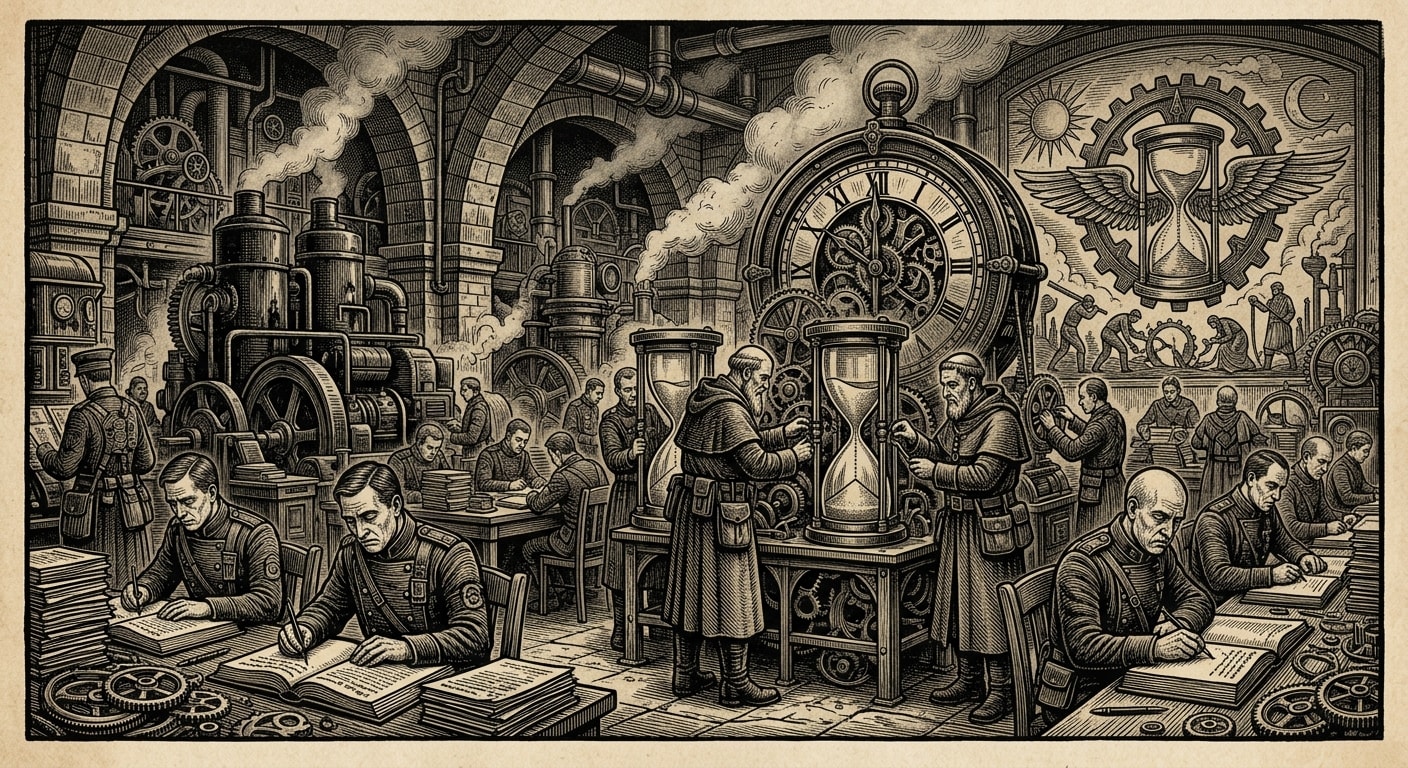 Lyon Academy of Horological Sciences — On the Curriculum and the Sanctification of Boredom, rendered as woodcut.