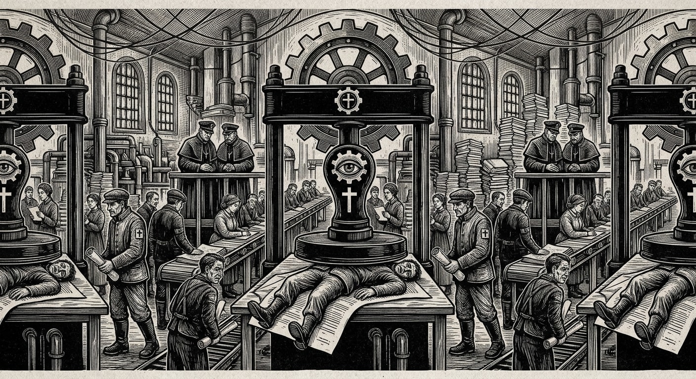 Manifest Basilica — On the Stamping Halls, rendered as woodcut.