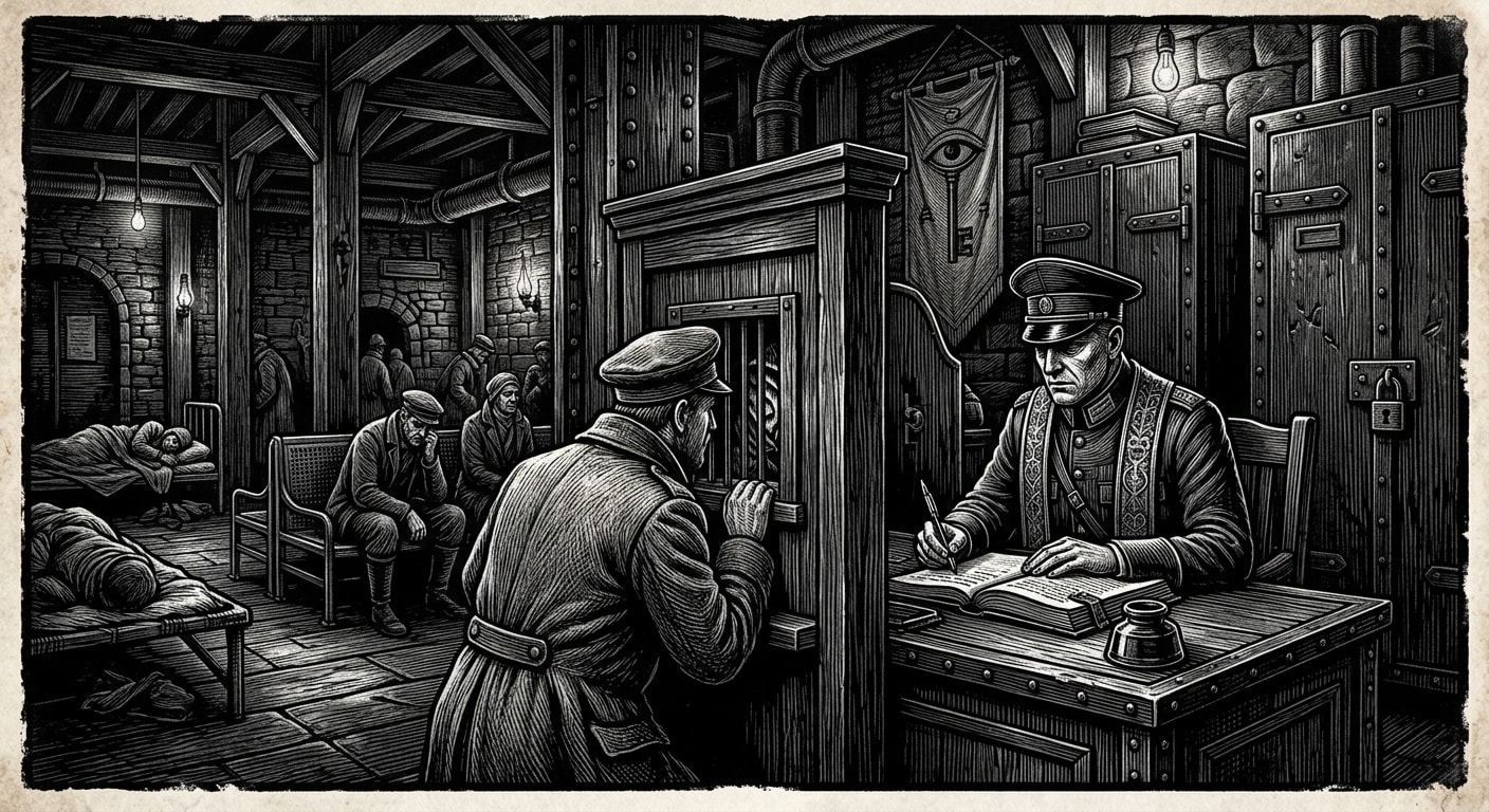 Oath Inns — On Confession as Collateral, rendered as woodcut.