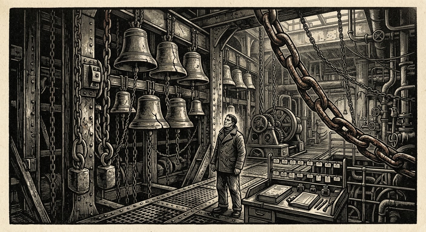 Passage Psalm — On Bells, Chain, and the Human Witness, rendered as woodcut.