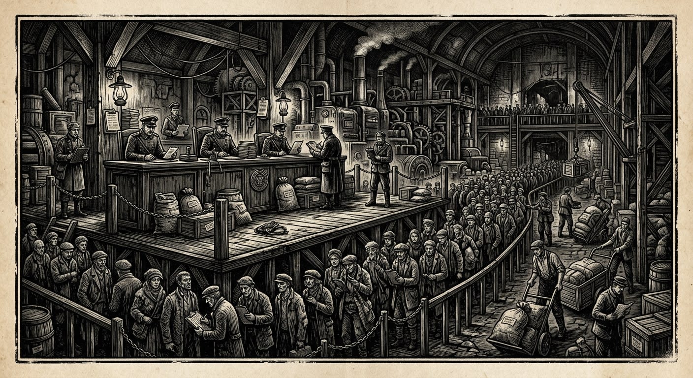 Port Court — On the Architecture of Waiting, rendered as woodcut.