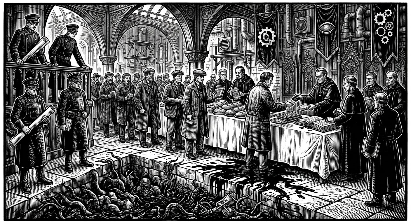 Regensburg — On the Oaths and the Stain Beneath the Feast, rendered as woodcut.