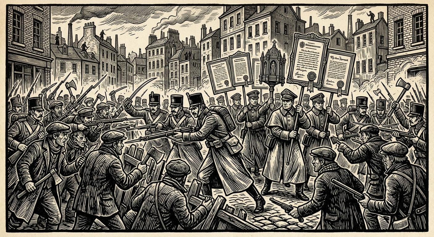 Reliquary Schisms — On the Cities That Drew Blades, rendered as woodcut.