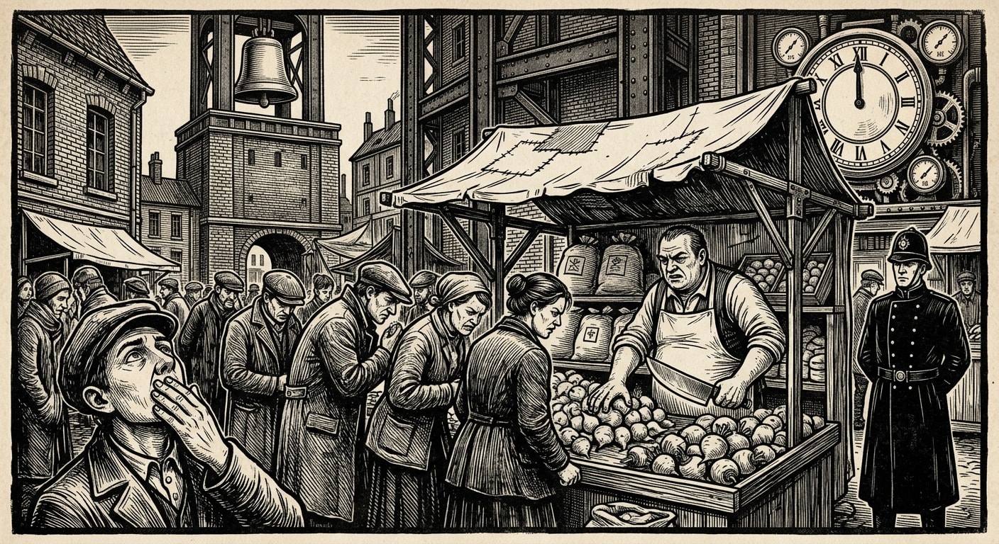 Sext — On Markets, Turnips, and the Grocer's Little Kingdom, rendered as woodcut.
