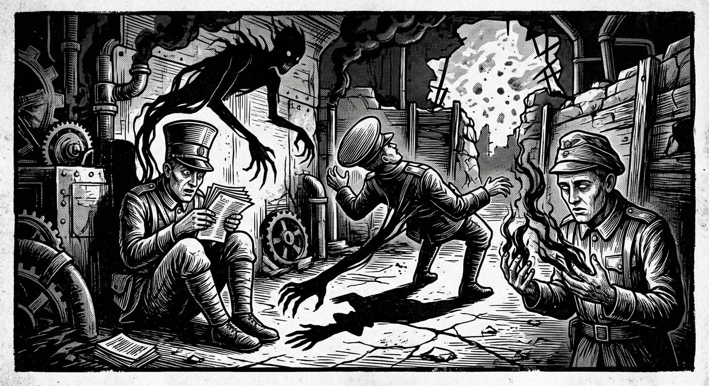 Shadow Noon — On Theories, Each Damned in Its Own Hat, rendered as woodcut.