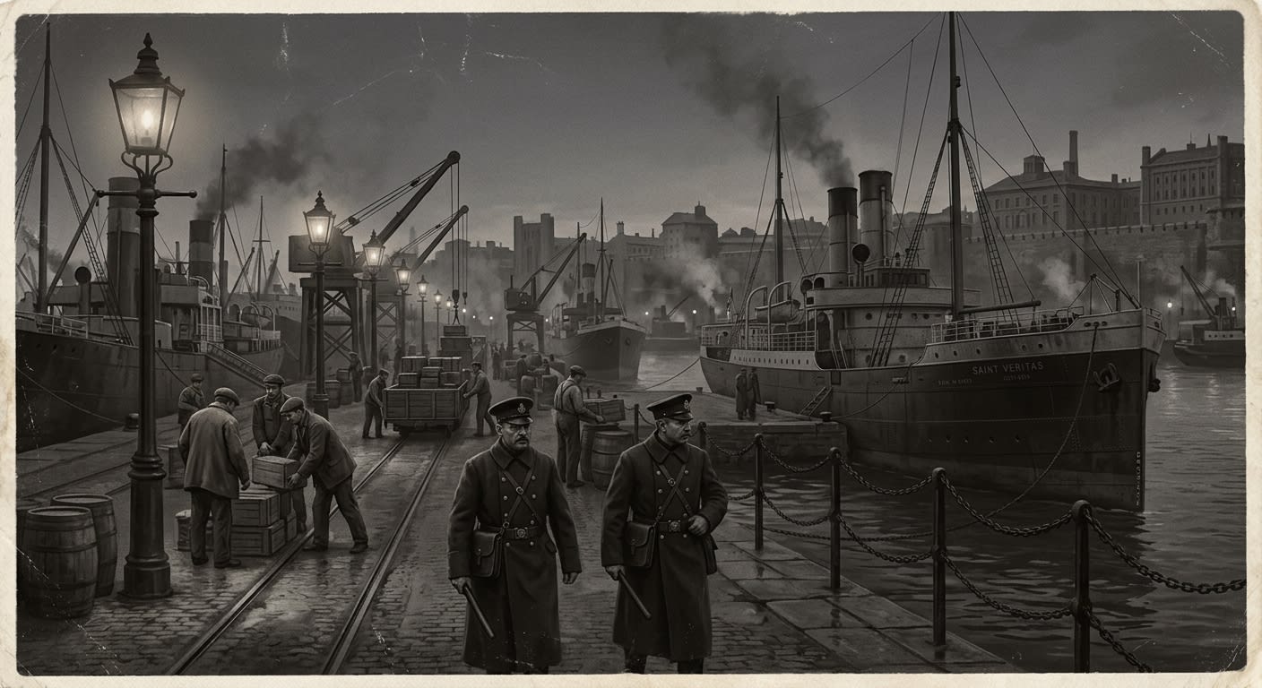 Silence of Harbor Lamps — On the Harbor Before the Lamps Failed, rendered as photograph.