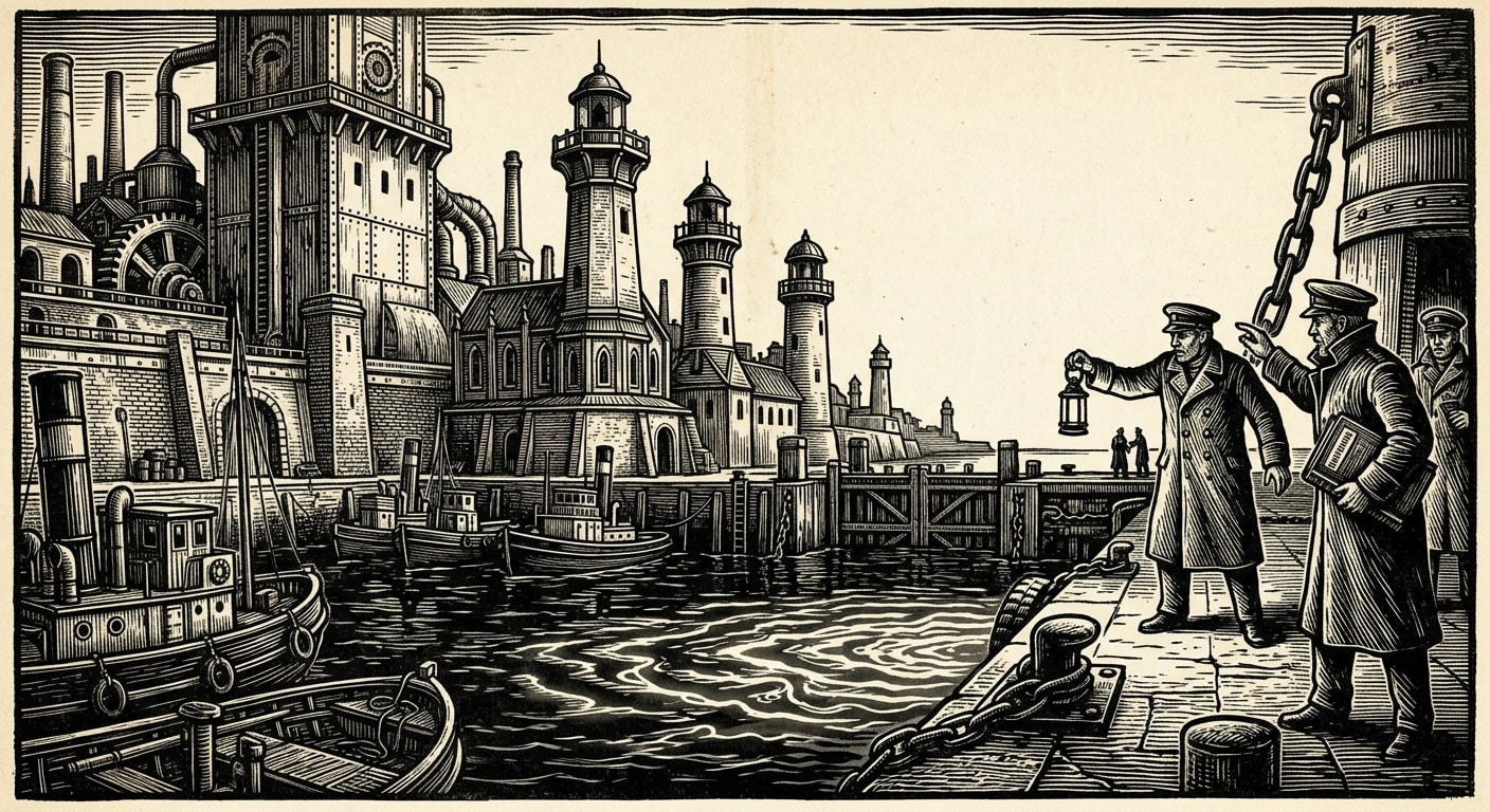 Silence of Harbor Lamps — On the Extinguishing, rendered as woodcut.