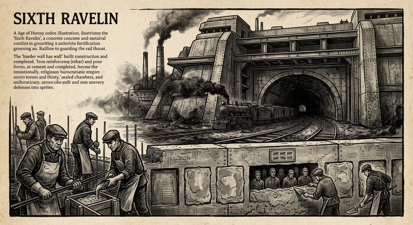 Sixth Ravelin — On Ash, Rail, and the Making of a Harder Wall, rendered as woodcut.