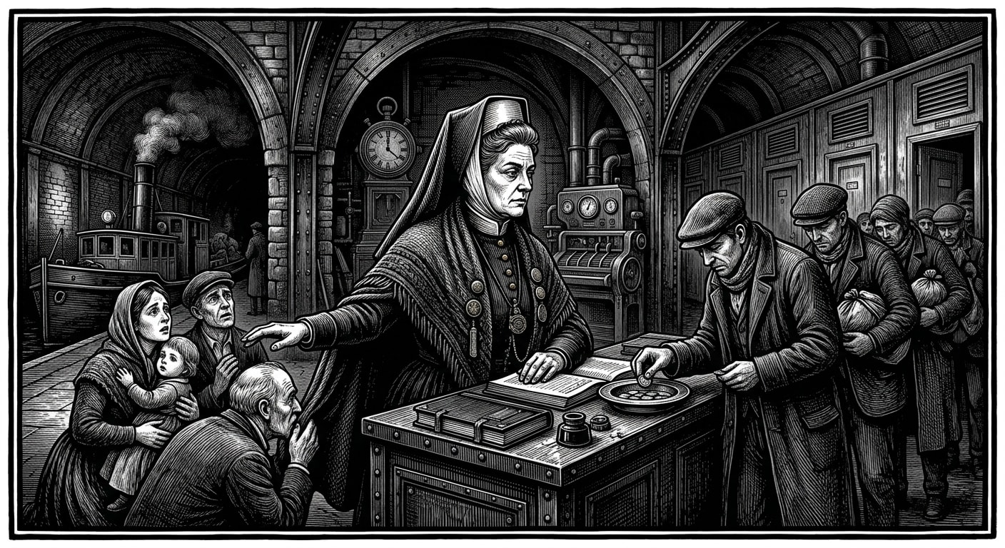 Skiff-Sister Lune — On Her Debts and Her Mercy, rendered as woodcut.