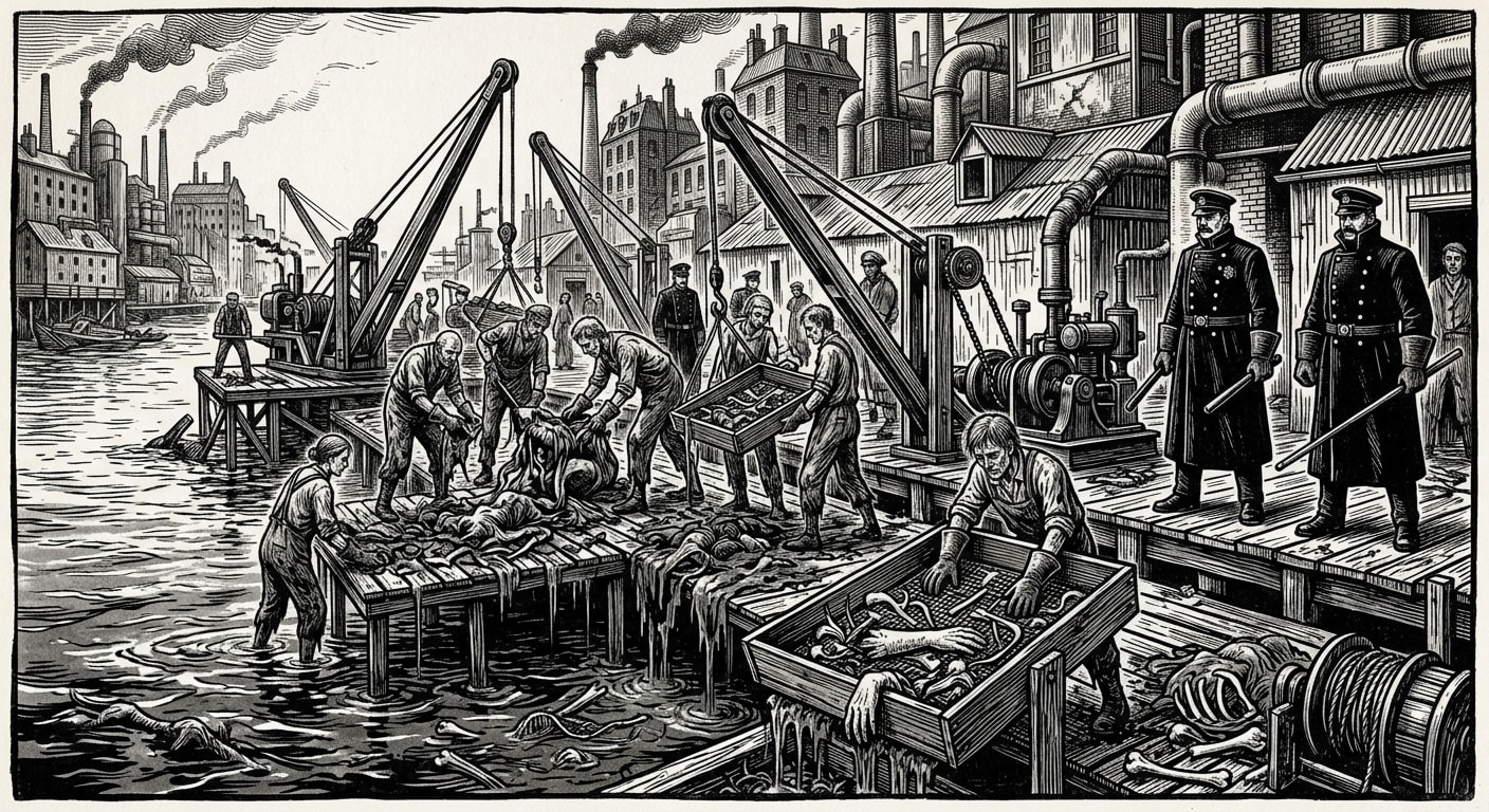 Sluice Yards — On Dredge Crews and Penal Labour, rendered as woodcut.