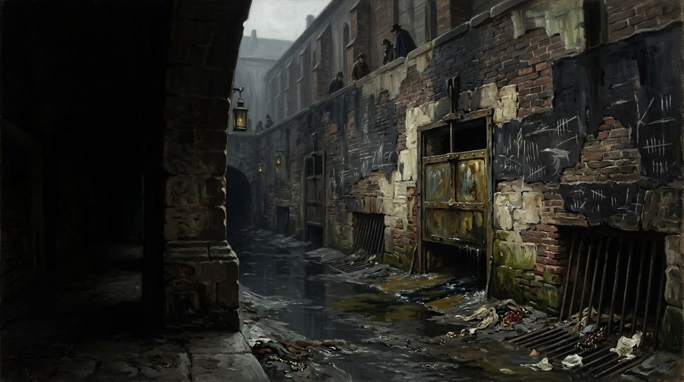 Oil painting of the Ash Canal below the Cloister of Miscounted Beads, a black runoff channel with brick walls, sluice hatches, beads, fever cloth, watch marks, and Strasbourg's grim boundary water.