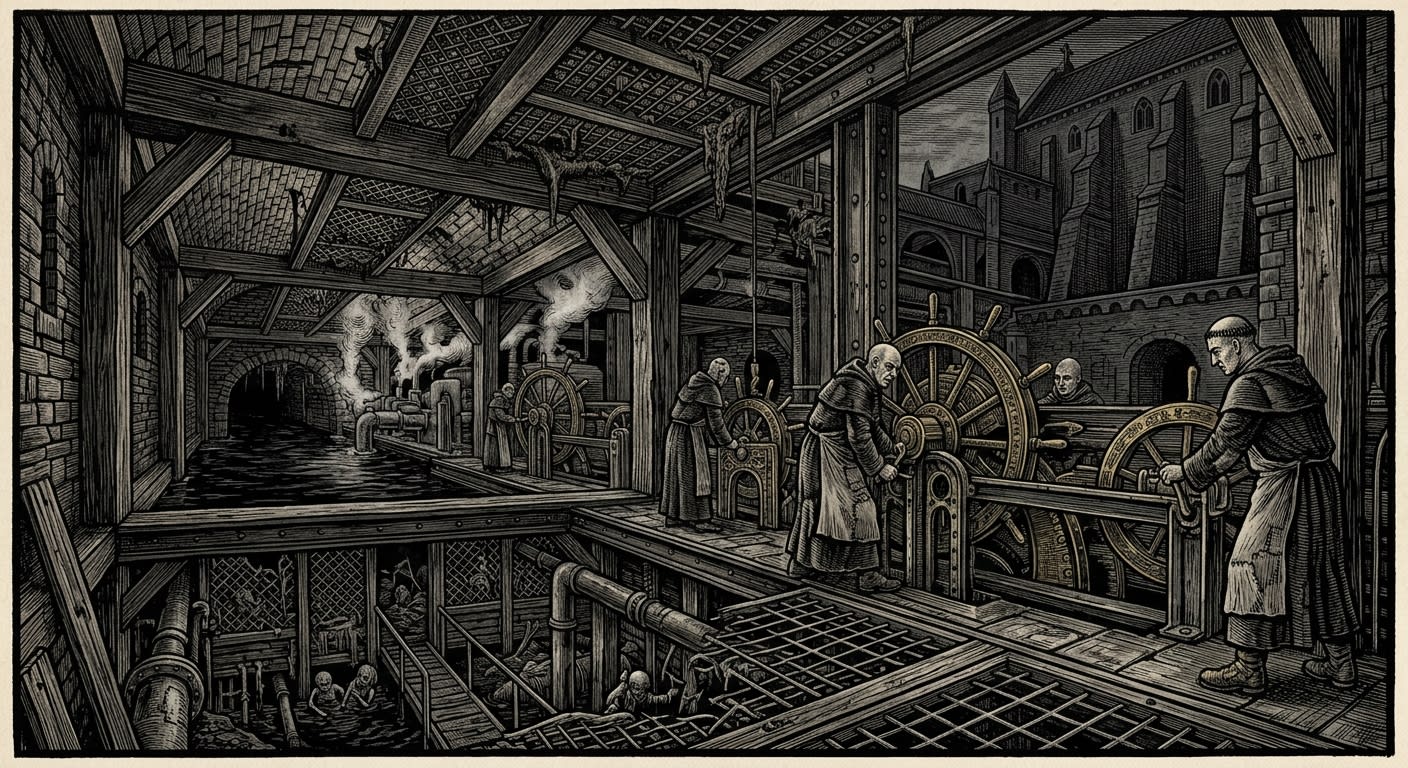 Still-Canals of Brast — On Locks, Mesh, and the Monastery Below, rendered as woodcut.