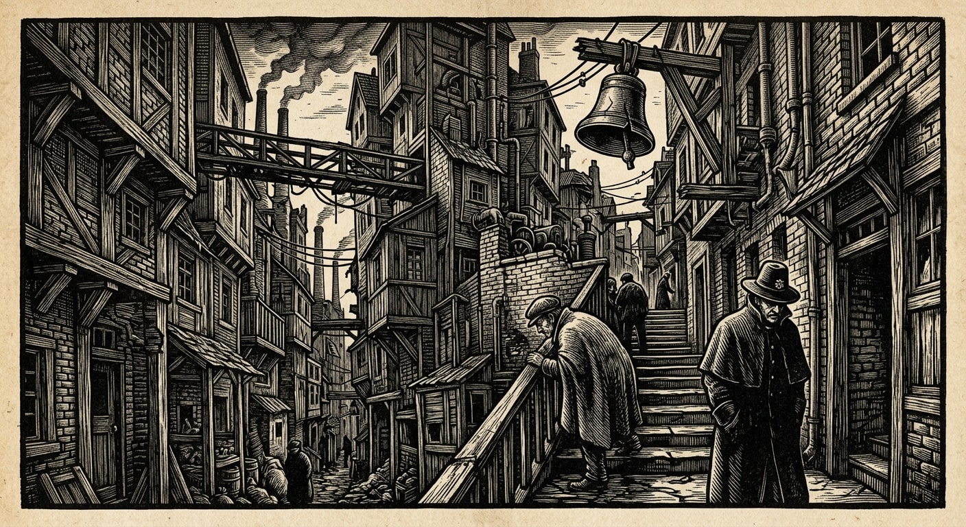 Warrens of Strasbourg — On Streets, Rooms, and Vertical Hunger, rendered as woodcut.