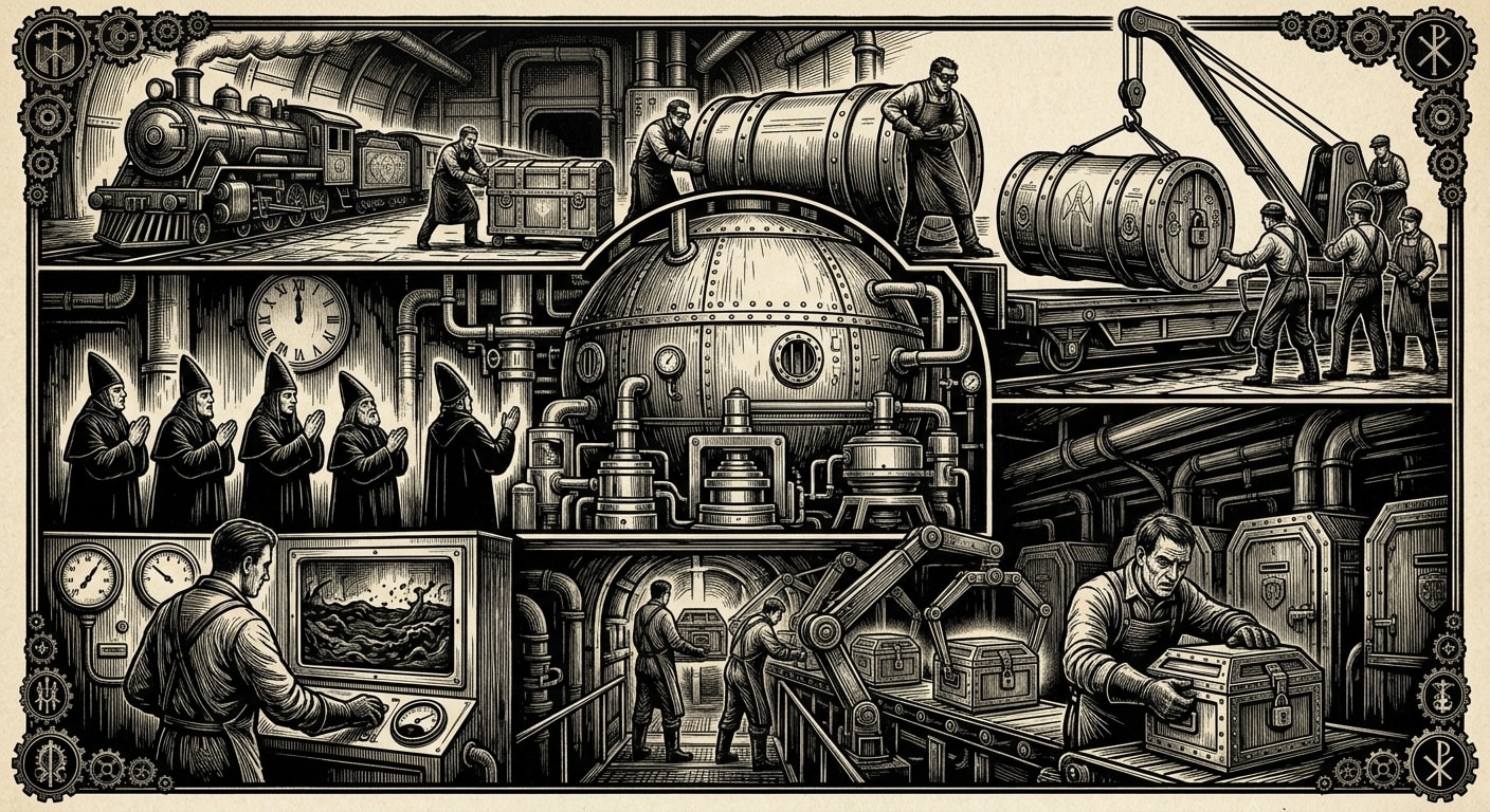 Substrate — On Receipt, Drum, and Third Handling, rendered as woodcut.