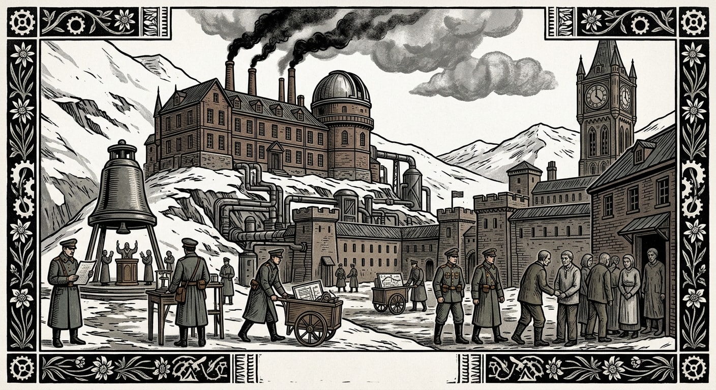 Swiss Cantons — On the Rationalist Schools and the First Contamination of Clean Air, rendered as woodcut.