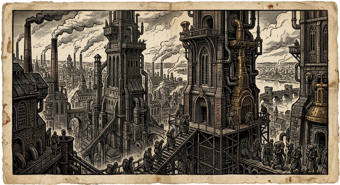 Szeged — On the Reliquary Pylons, rendered as woodcut.