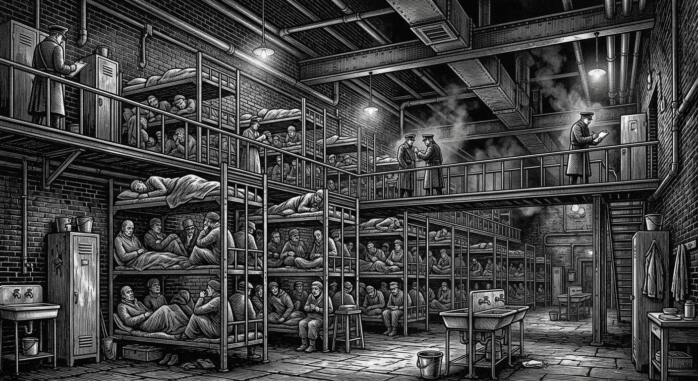 Throat Dorms — On the Rooms, Racks, and Lesser Miseries, rendered as woodcut.