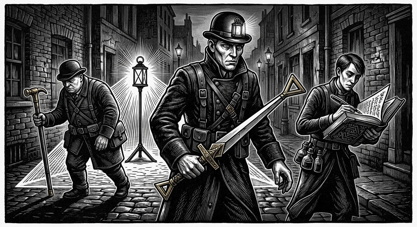 Triangle of Witness — On the Blade, rendered as woodcut.