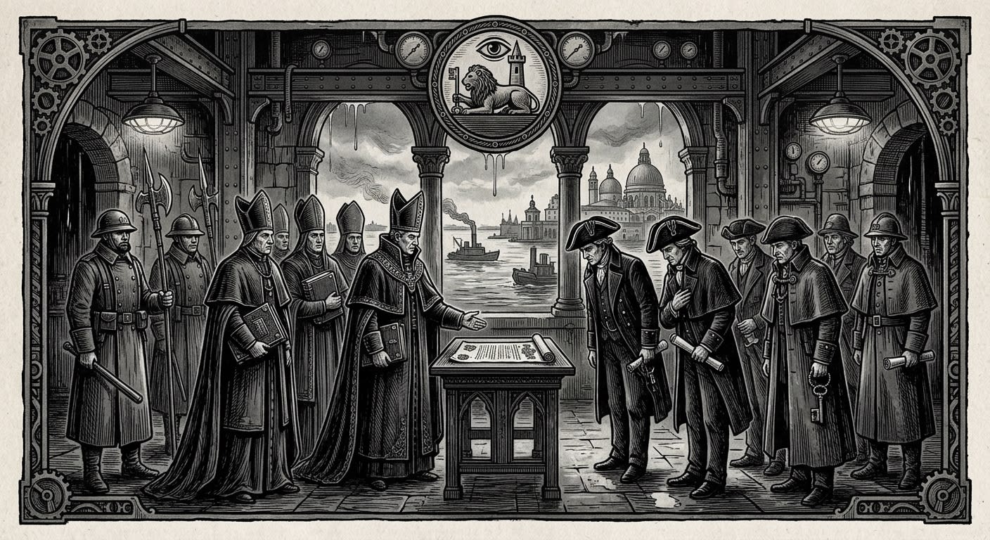 Venice — On Submission After the Concordat, rendered as woodcut.