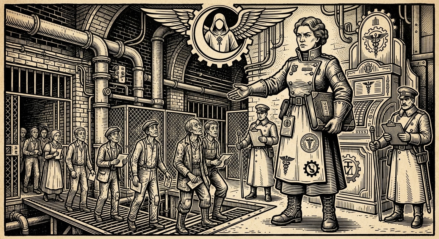 Warden-Physic Iri — On Her Methods in the Crescent, rendered as woodcut.