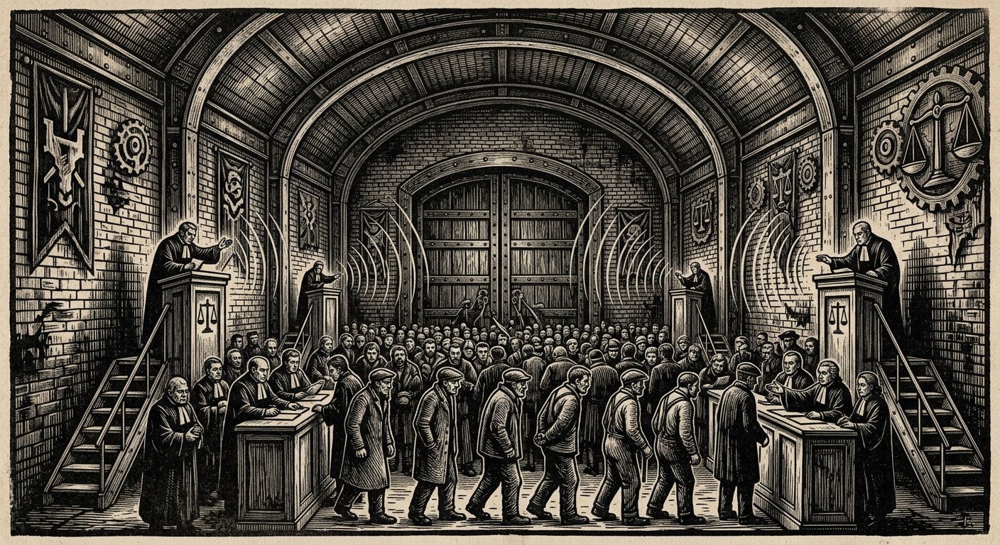 Yard Tribunal — On the Hall, Its Doors, and Its Useful Acoustics, rendered as woodcut.