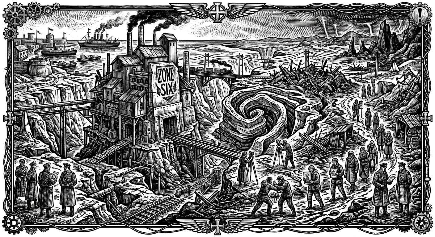 Zones 5 through 7 — On Zone Six, Where Geography Refuses the Audit, rendered as woodcut.