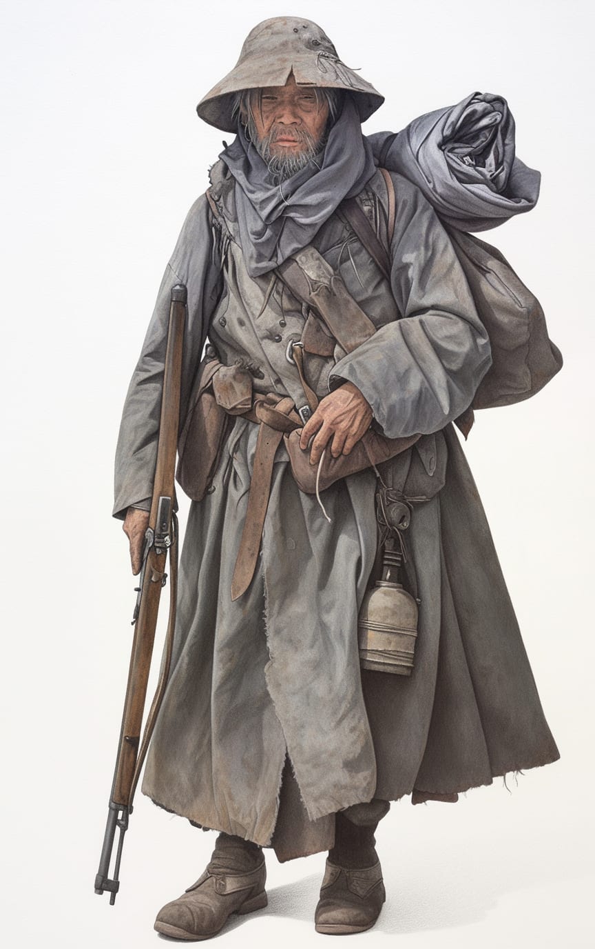 A Grave Confessor in a weathered grey coat, carrying a rifle, lantern, and shrouded bundle.