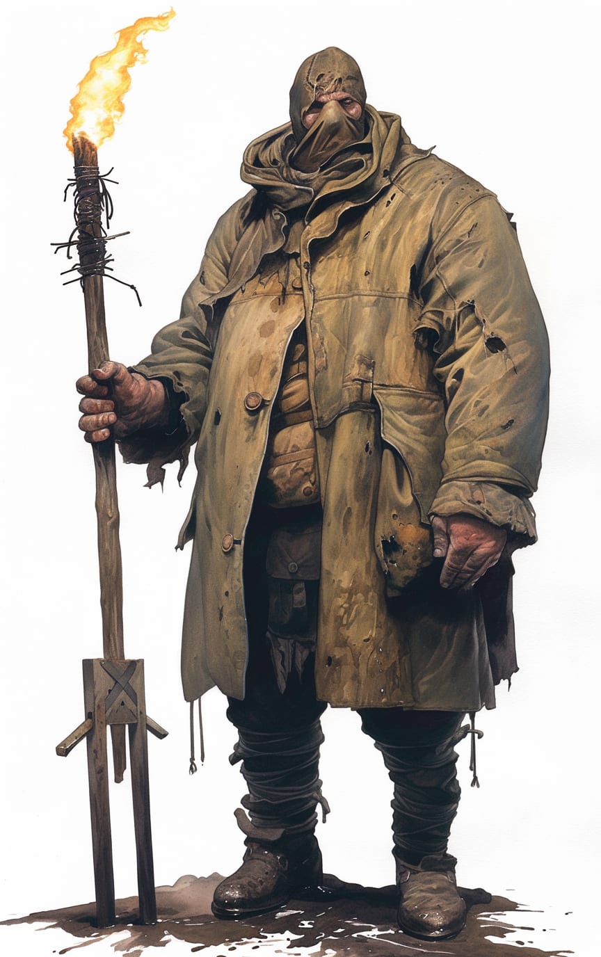 A masked Torch Deacon holding a wrapped torch and wearing a mud-stained heavy coat.