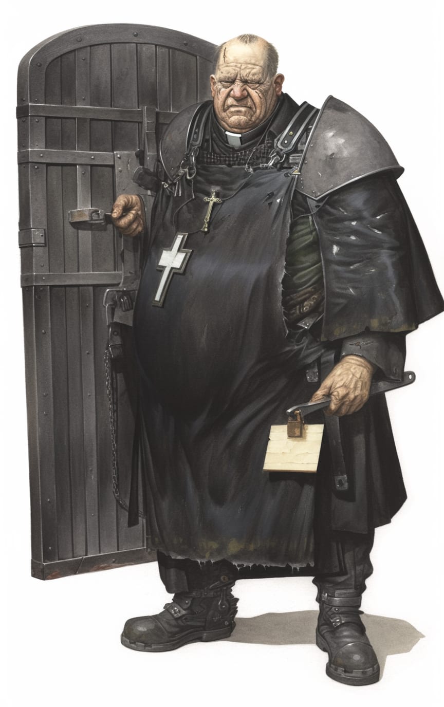 Sir Caldran Mott, a penitent breach-knight, bearing heavy entry tools.