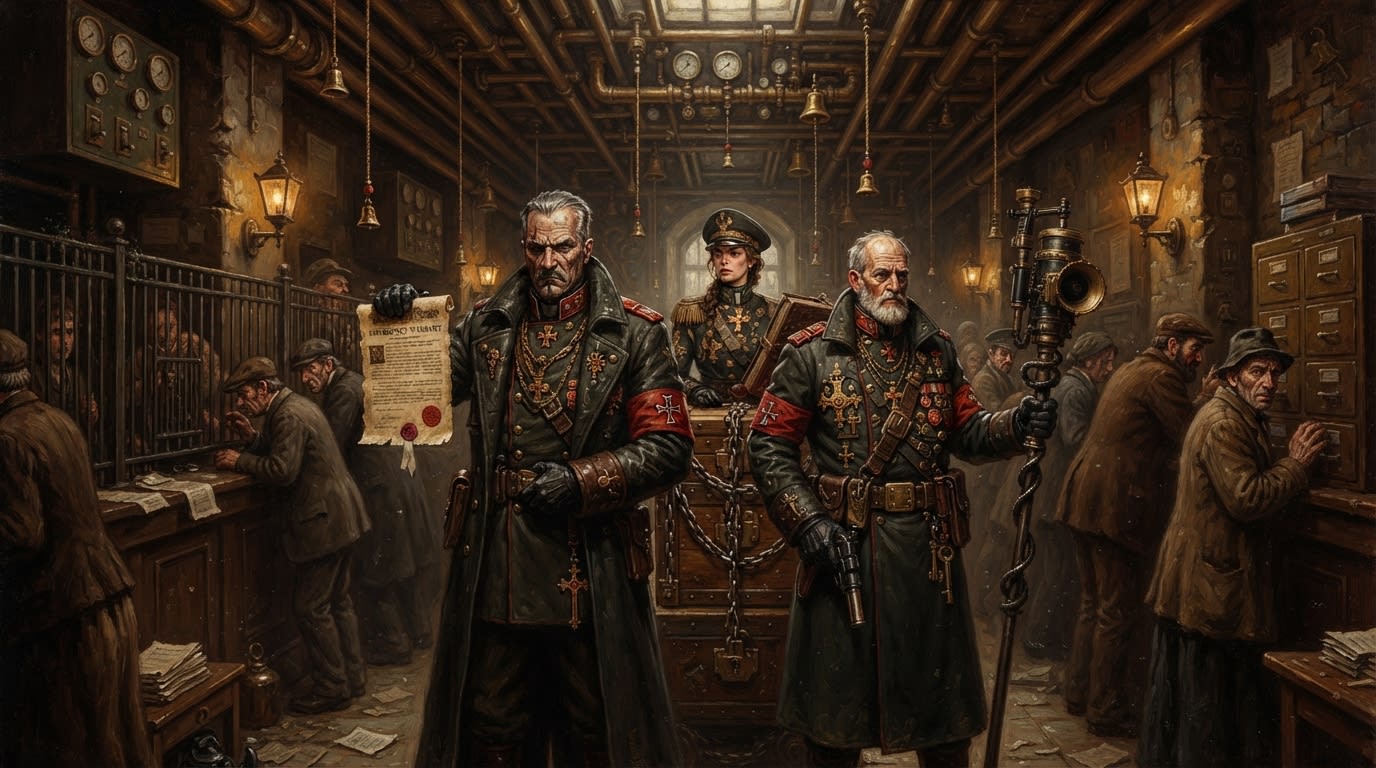 Three armed Synod Task Force officers entering a crowded petition hall beneath bells, lamps, and filing cabinets.