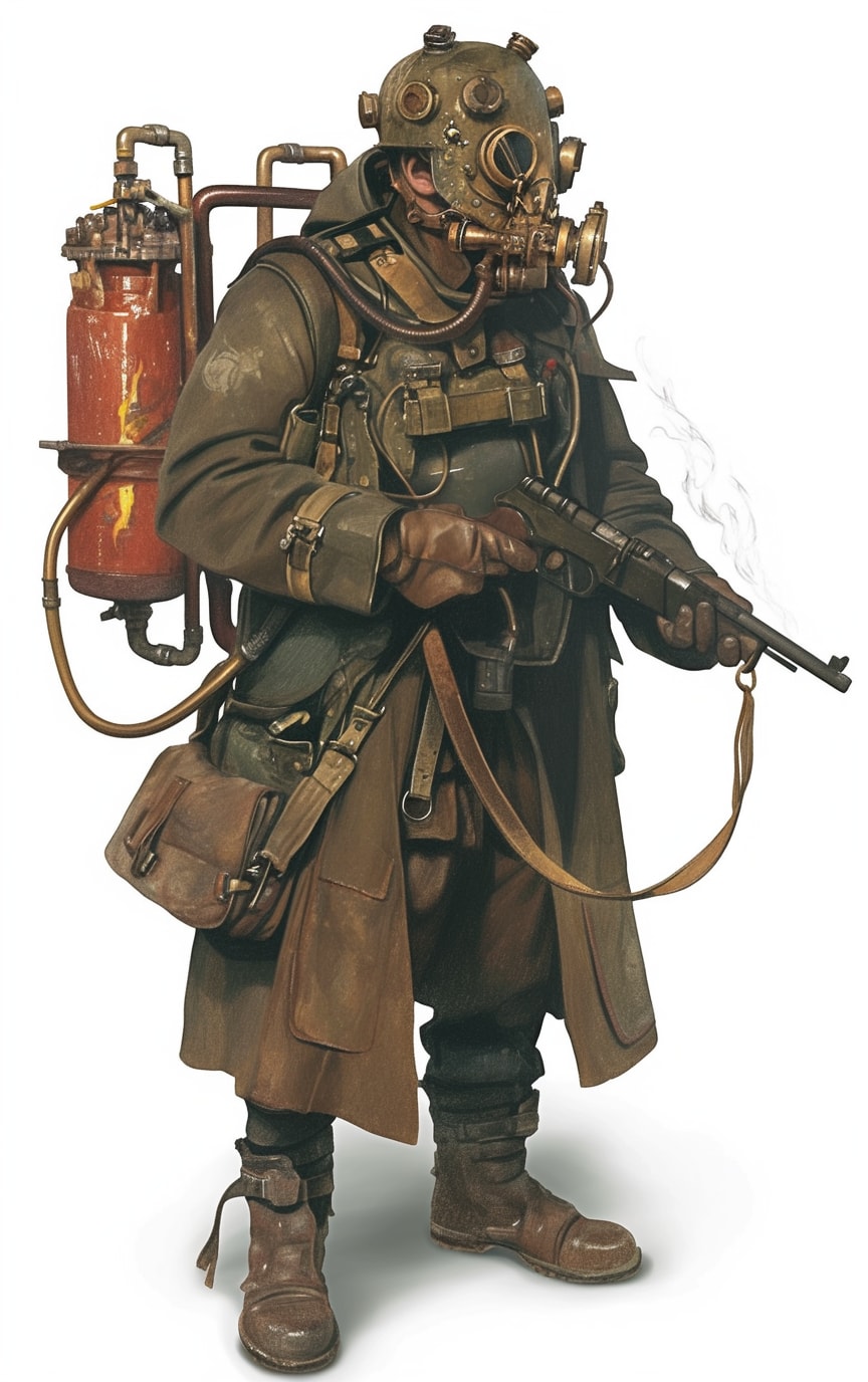 A Firestarter carrying controlled-burn tools through an industrial freight district.