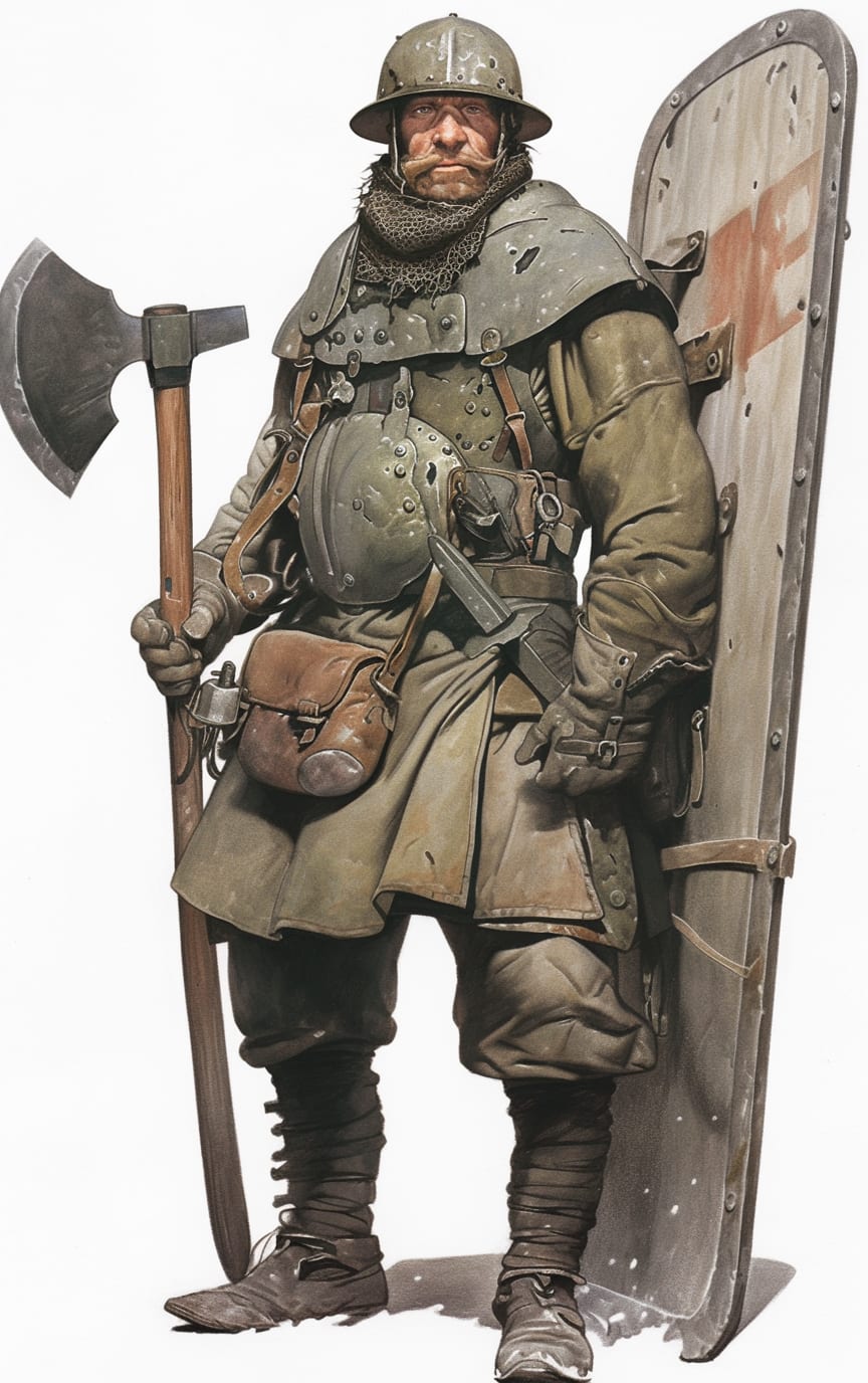 A Strongarm defending a narrow passage with a heavy shield and dockworker's stance.