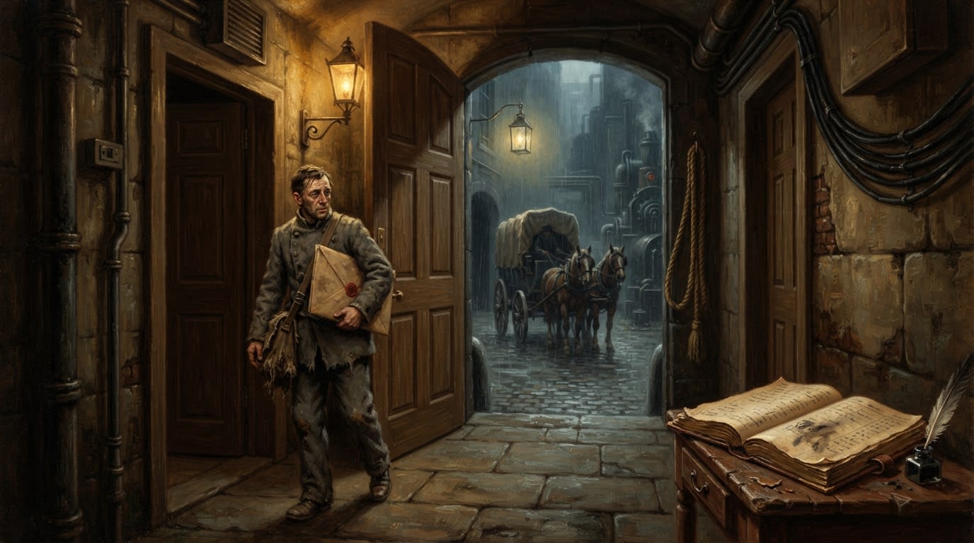 A Shadow Detail courier carries a sealed folio through an unlisted service corridor as a covered wagon waits in the rain.