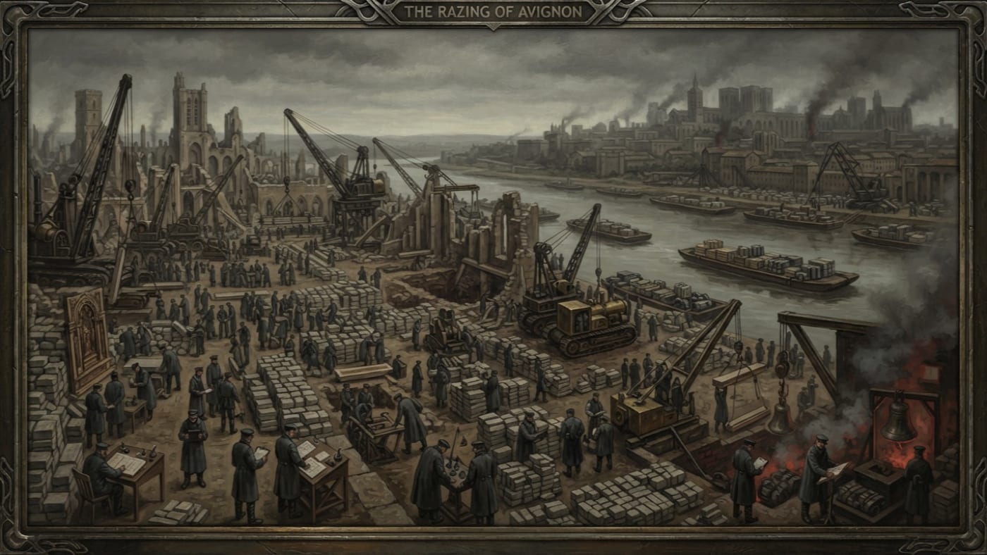 Razing of Avignon — Razing of Avignon, rendered as oil-painting.