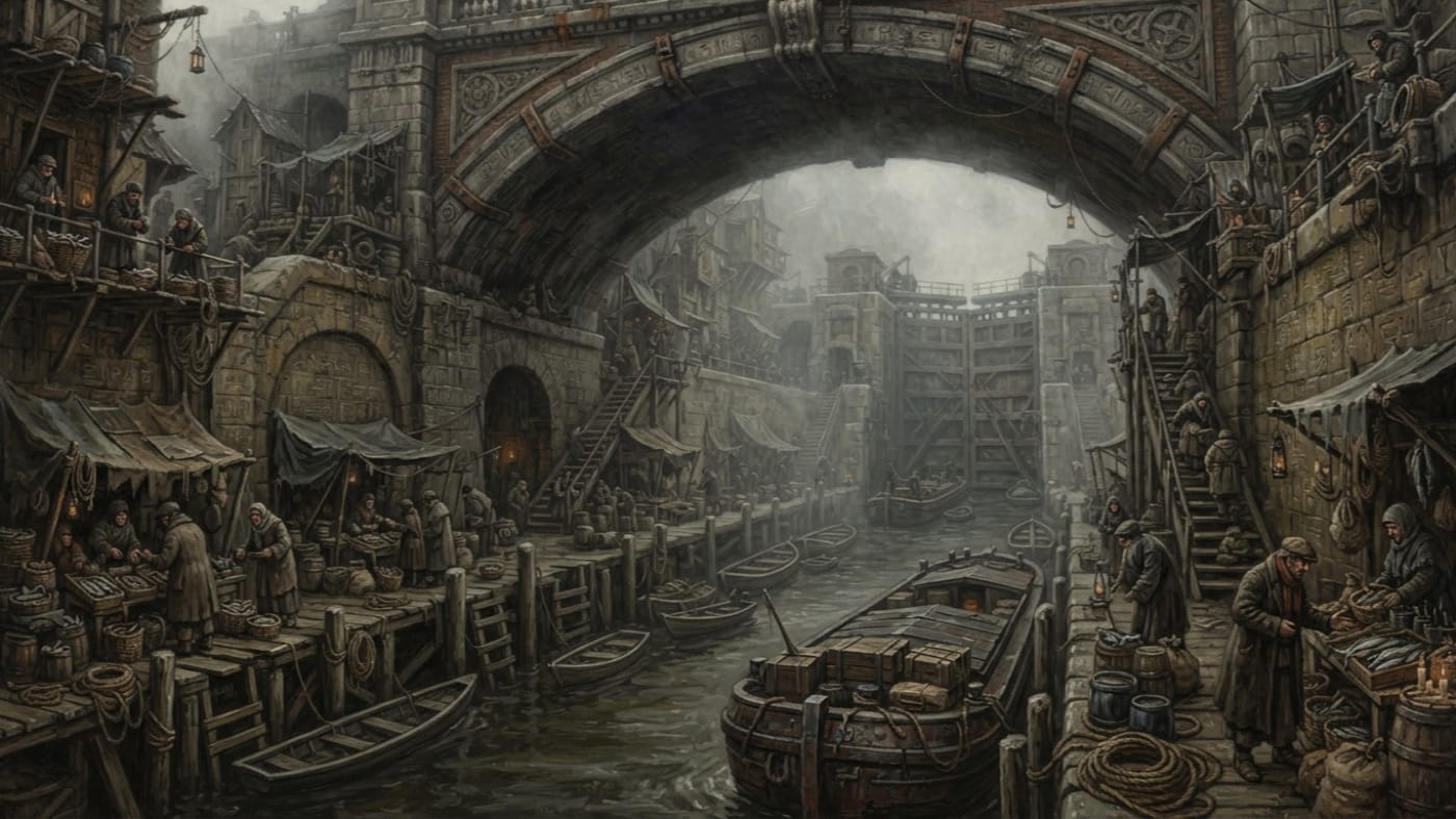 Barge-Lip Market — Barge-Lip Market, rendered as oil-painting.