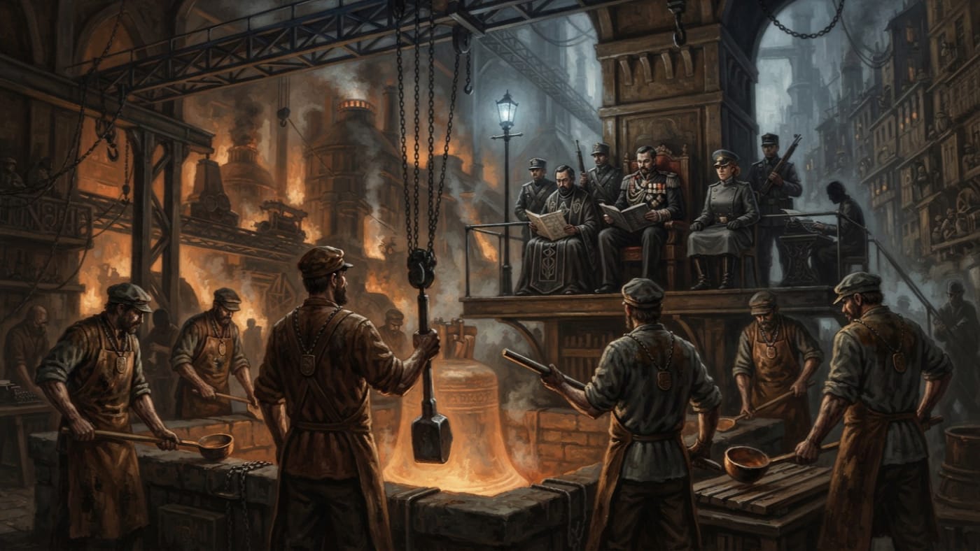 Bell-Founders of Essen — Bell-Founders of Essen, rendered as oil-painting.