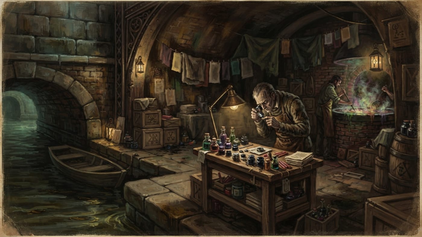 Black Canal workshops — Black Canal workshops, rendered as oil-painting.