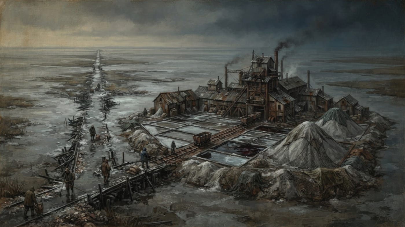 Brielle salt-panning station — Brielle salt-panning station, rendered as oil-painting.