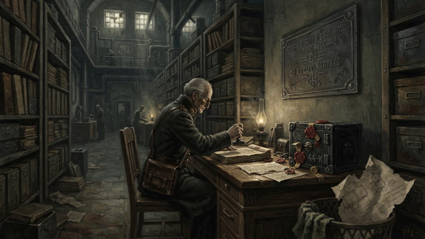 Bureau of Shadows File 44-K — Bureau of Shadows File 44-K, rendered as oil-painting.