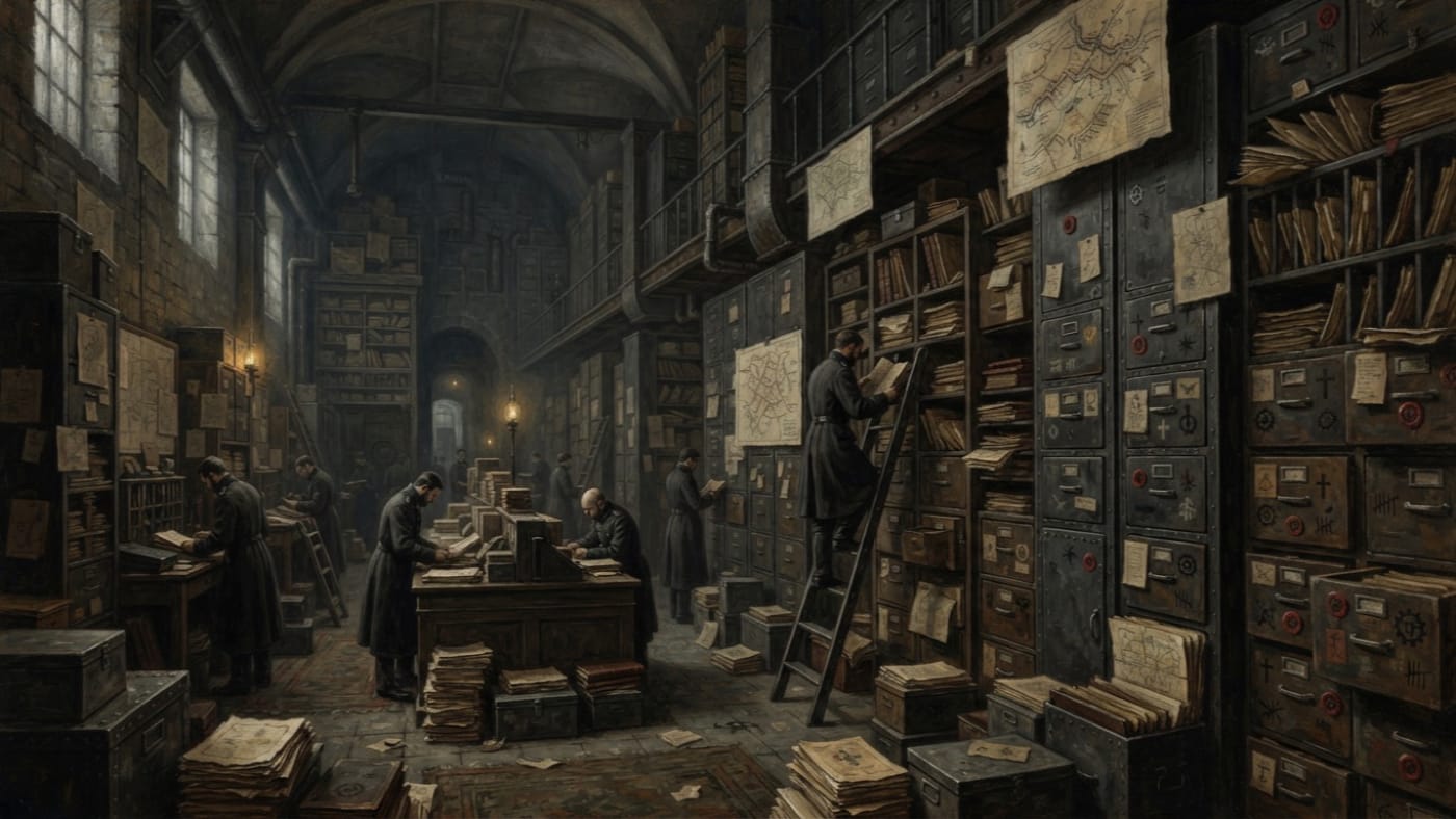 Bureau of War archives — Bureau of War archives, rendered as oil-painting.