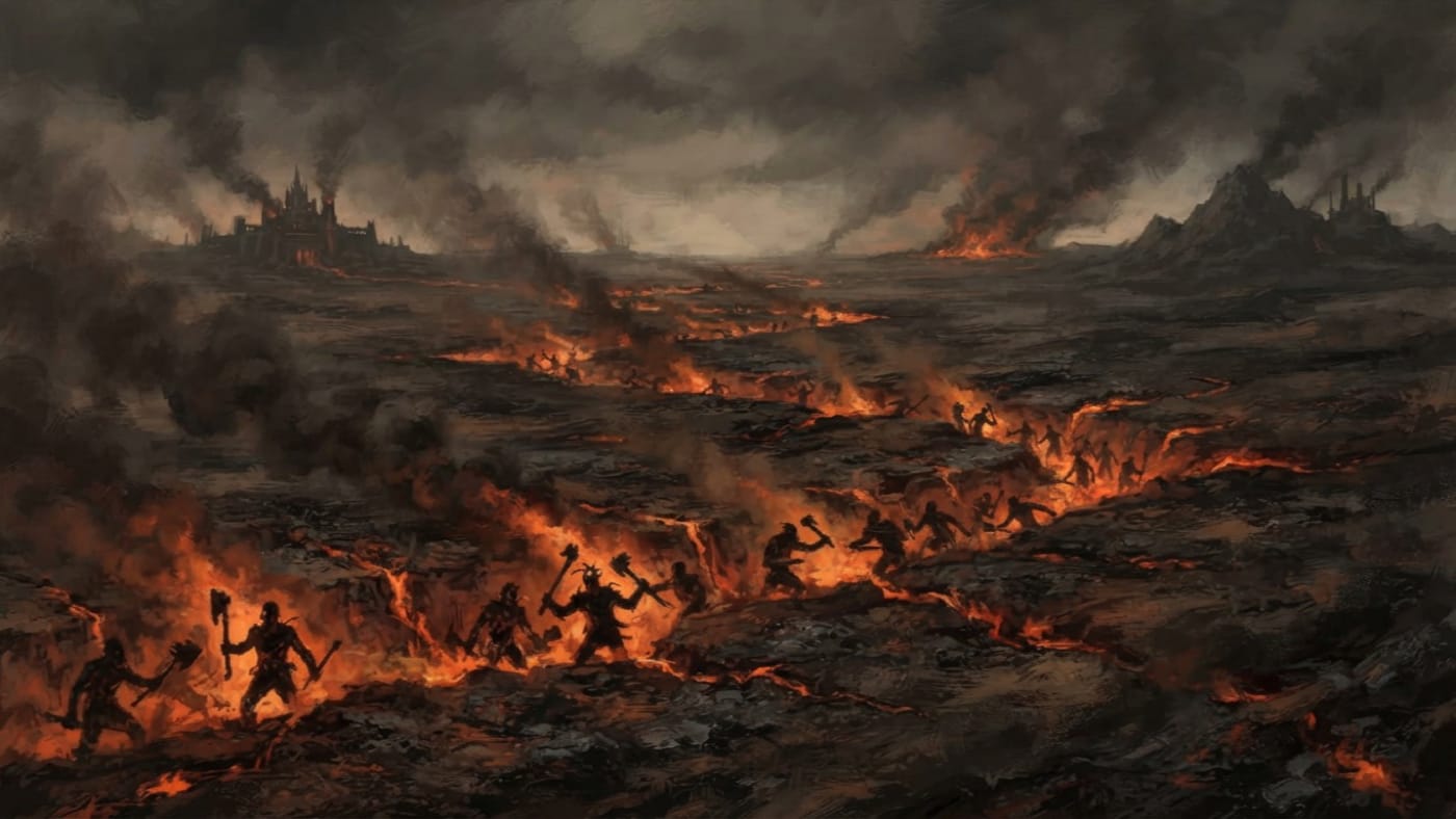 Burning Trenches — Burning Trenches, rendered as oil-painting.