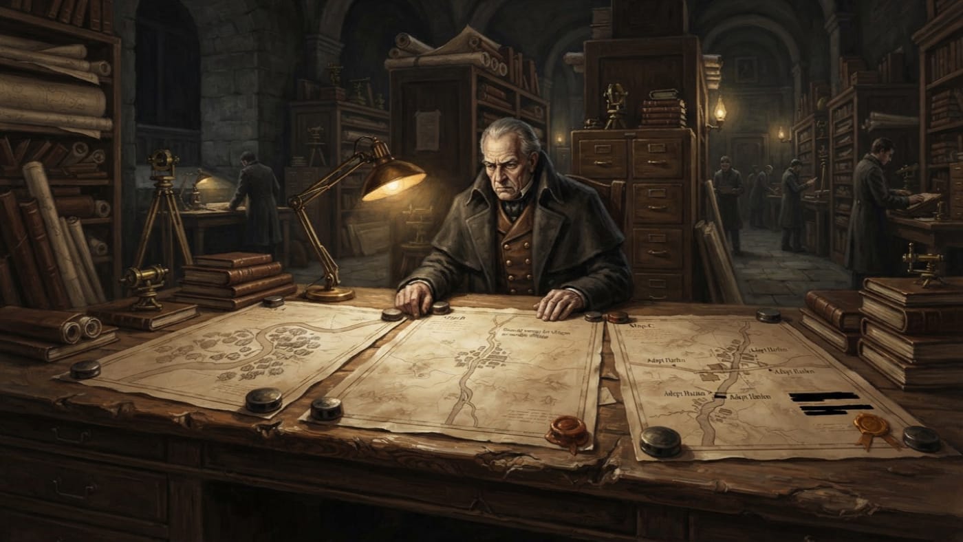 Cartographic Bench — Cartographic Bench, rendered as oil-painting.