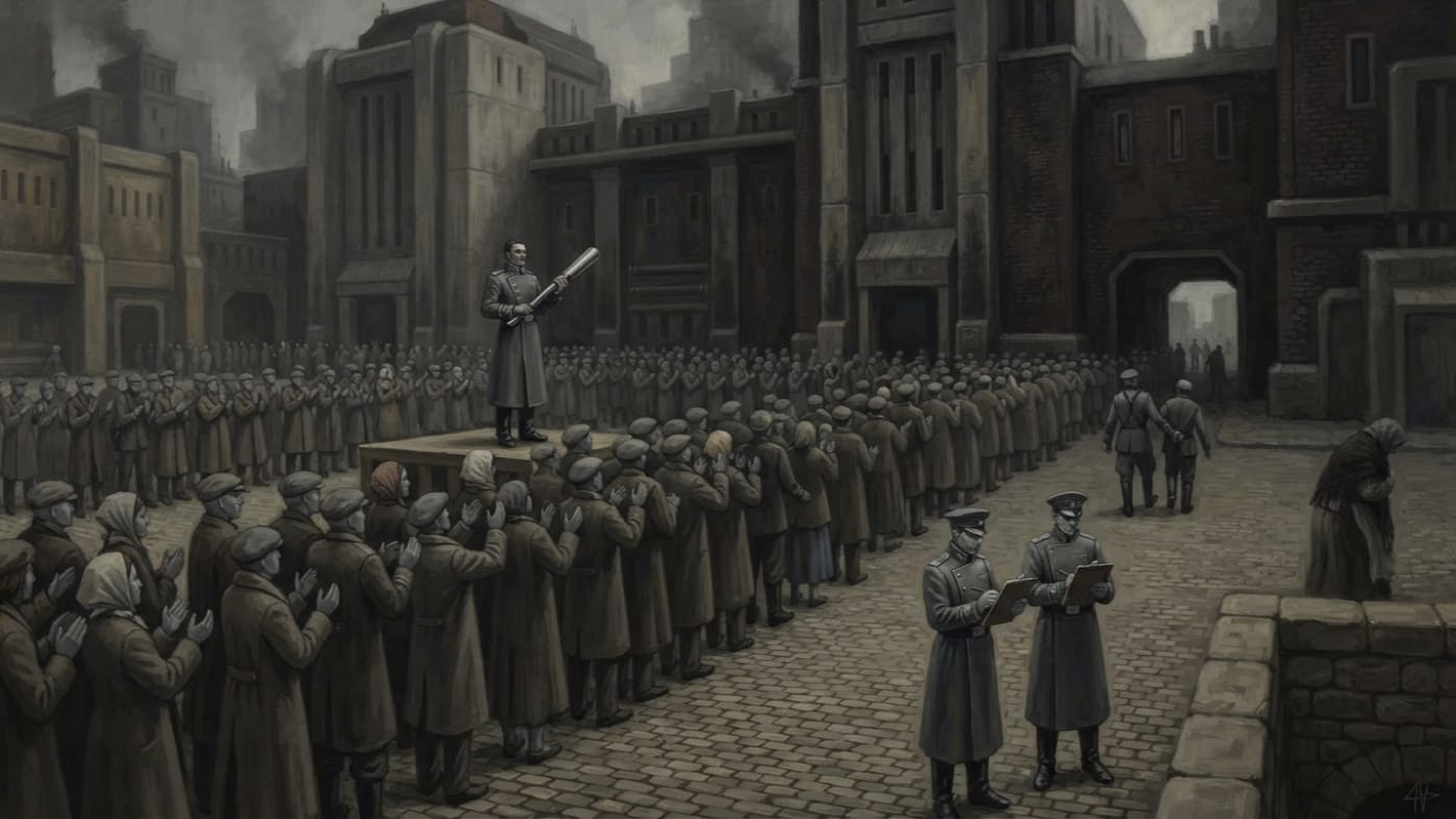 City of Grey Faces — City of Grey Faces, rendered as oil-painting.