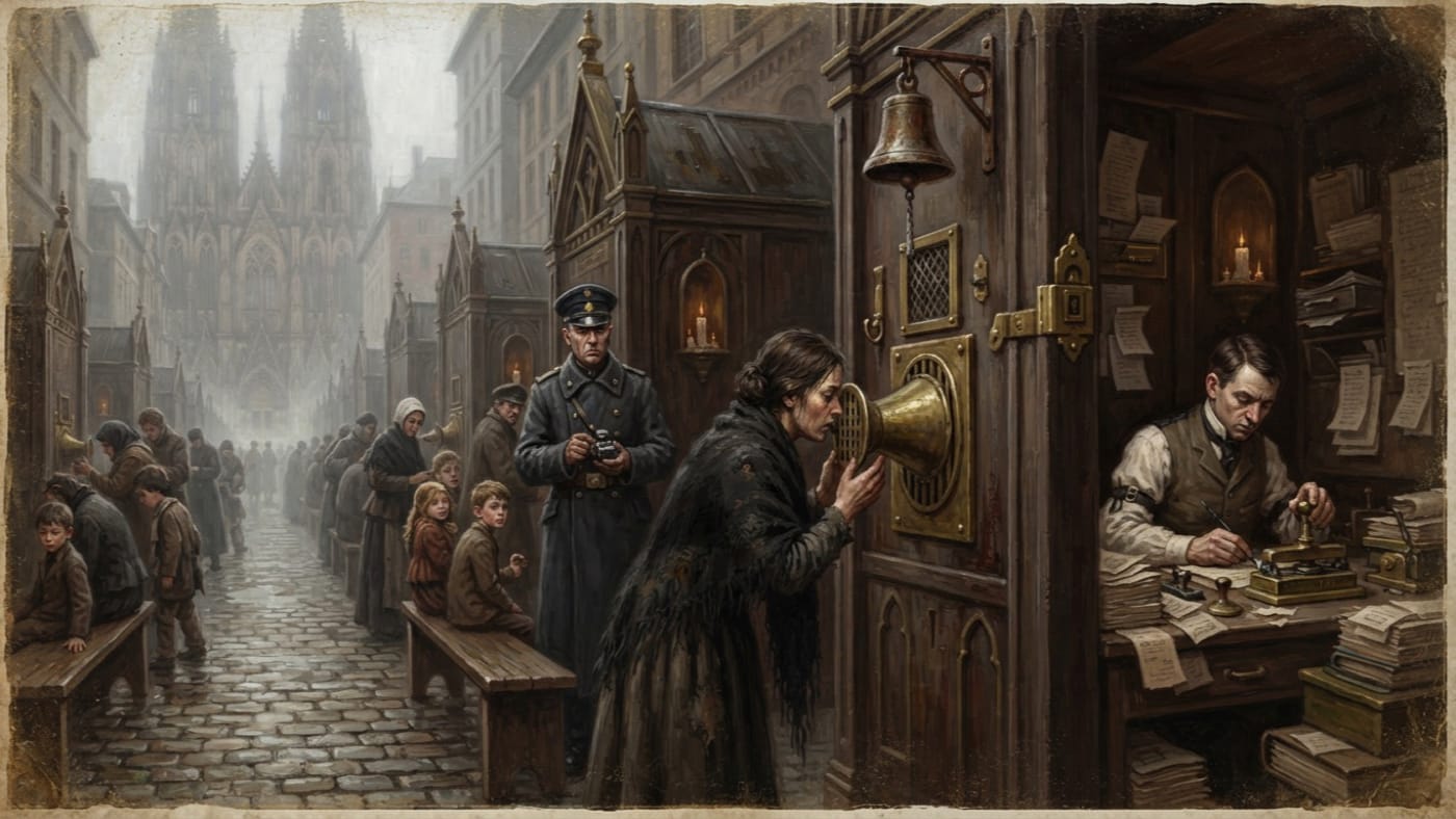 Confessor-Kiosks — Confessor-Kiosks, rendered as oil-painting.