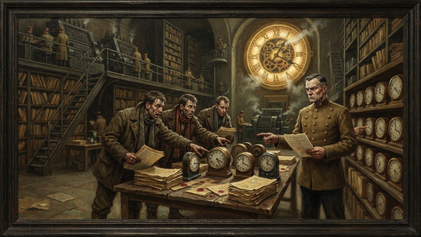 Drava clock-complaints — Drava clock-complaints, rendered as oil-painting.