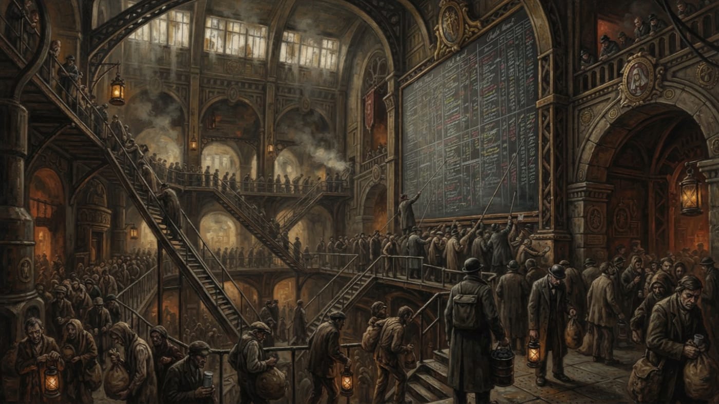 Dust Futures Scandal of A.S. 199 — Dust Futures Scandal of A.S. 199, rendered as oil-painting.