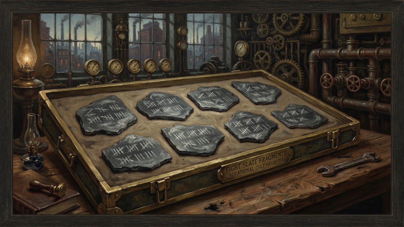 Eight Slate Fragments — Eight Slate Fragments, rendered as oil-painting.