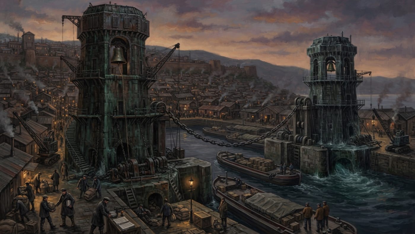 Elder and Younger Towers — Elder and Younger Towers, rendered as oil-painting.