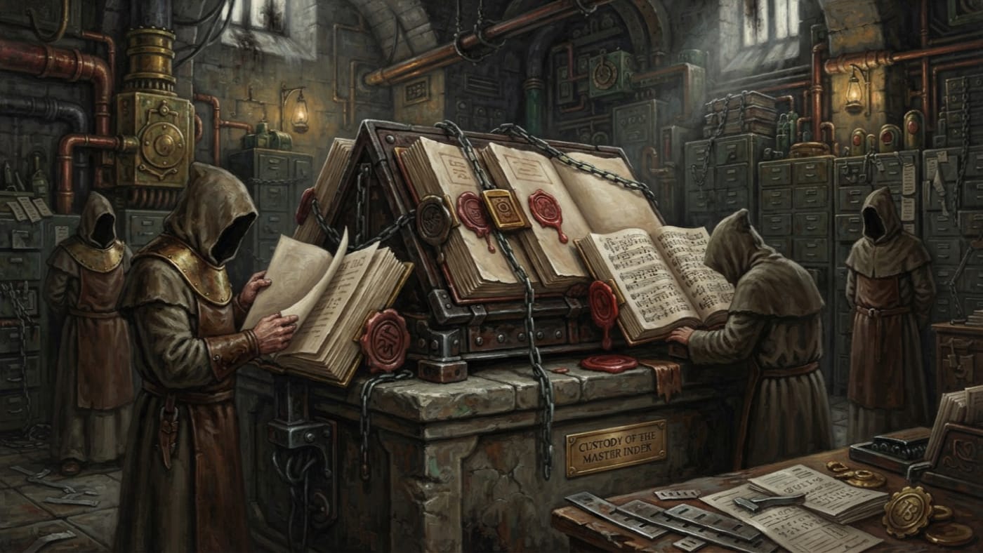 Five Registers of the Index Damnatus — Five Registers of the Index Damnatus, rendered as oil-painting.